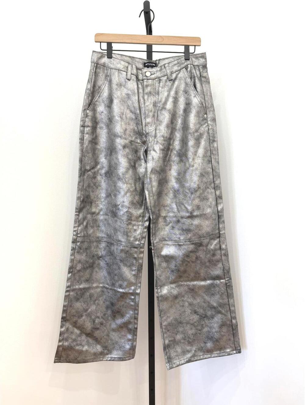 Pretty Little Thing Size 8 Gray Wide Leg Faux Leather Pants Metallic Silver